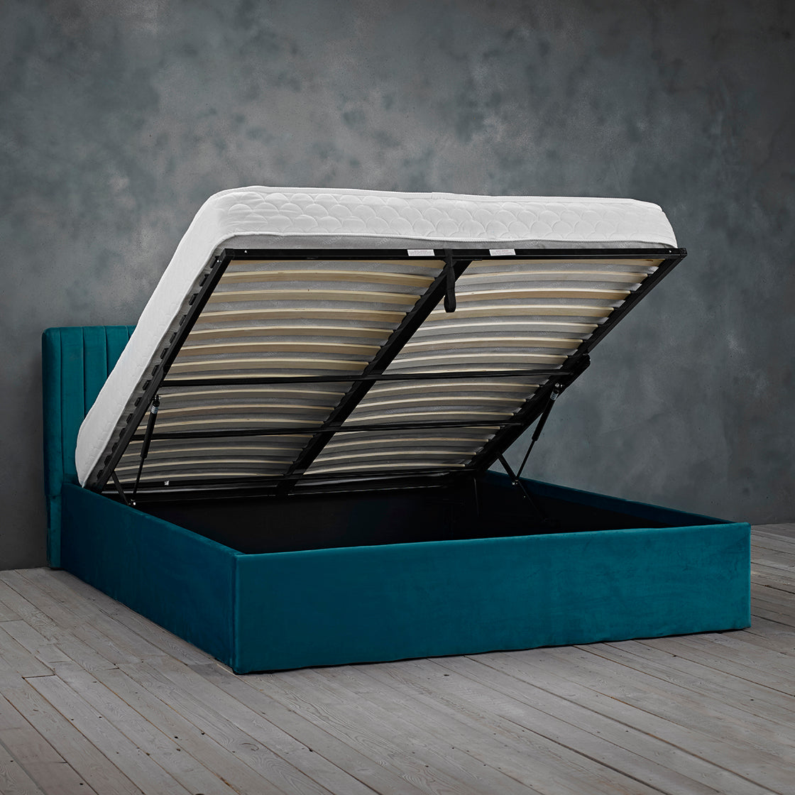 Essen Teal Velvet Ottoman Lift Up Storage Bed - FurniComp