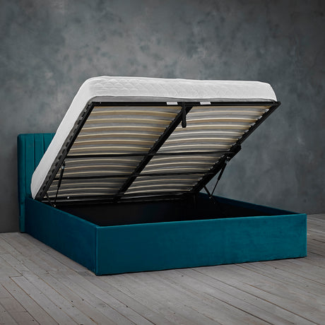 Essen Teal Velvet Ottoman Lift Up Storage Bed - FurniComp