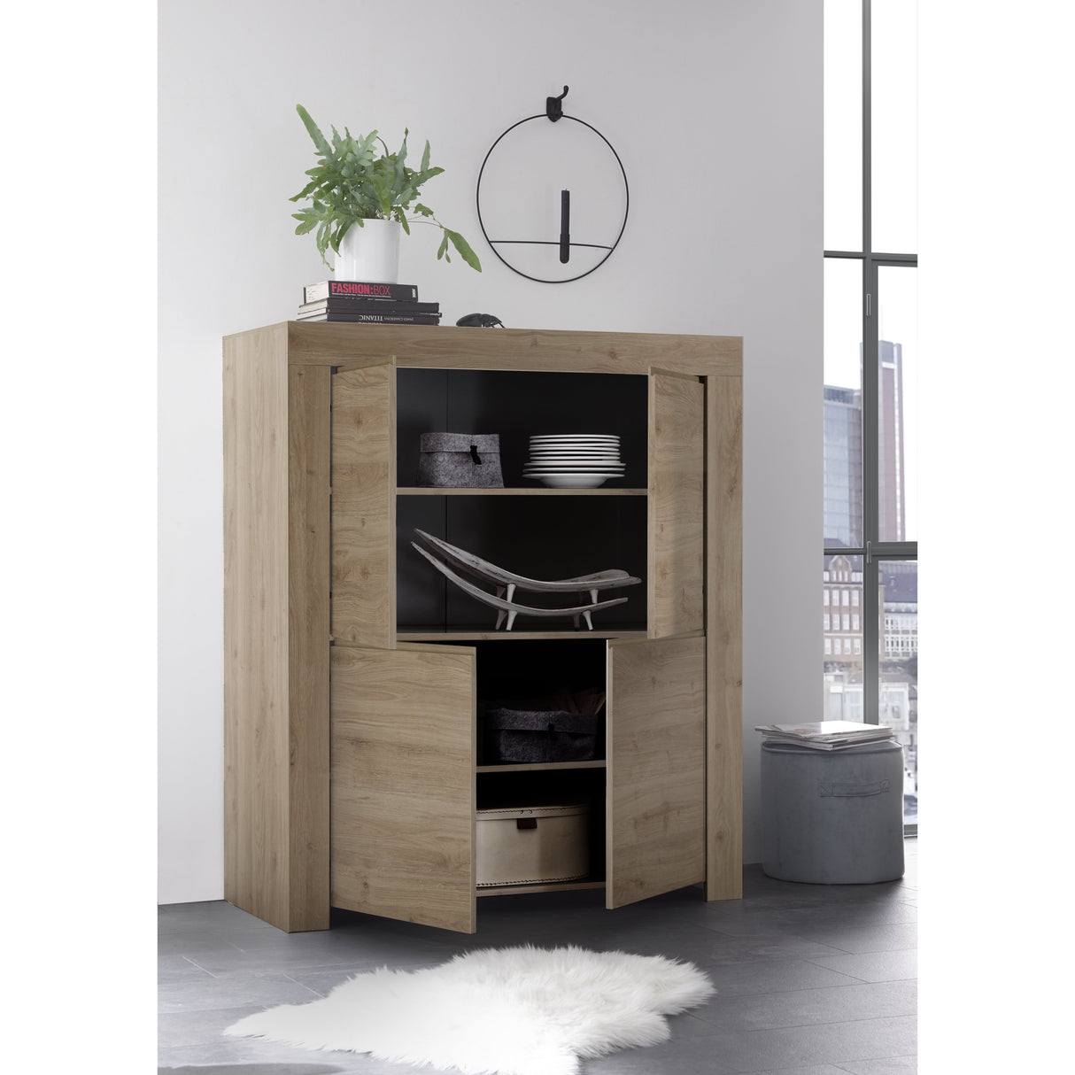 Roma 4 Door Oak Effect Tall Sideboard/Highboard - FurniComp