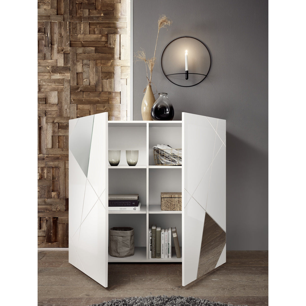 Giulia 2 Door White Gloss Tall Sideboard/Highboard with Mirrors - FurniComp