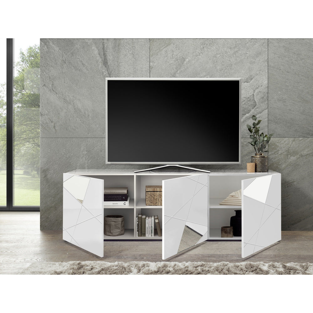 Giulia 3 Door White Gloss TV Unit with Mirrors - FurniComp