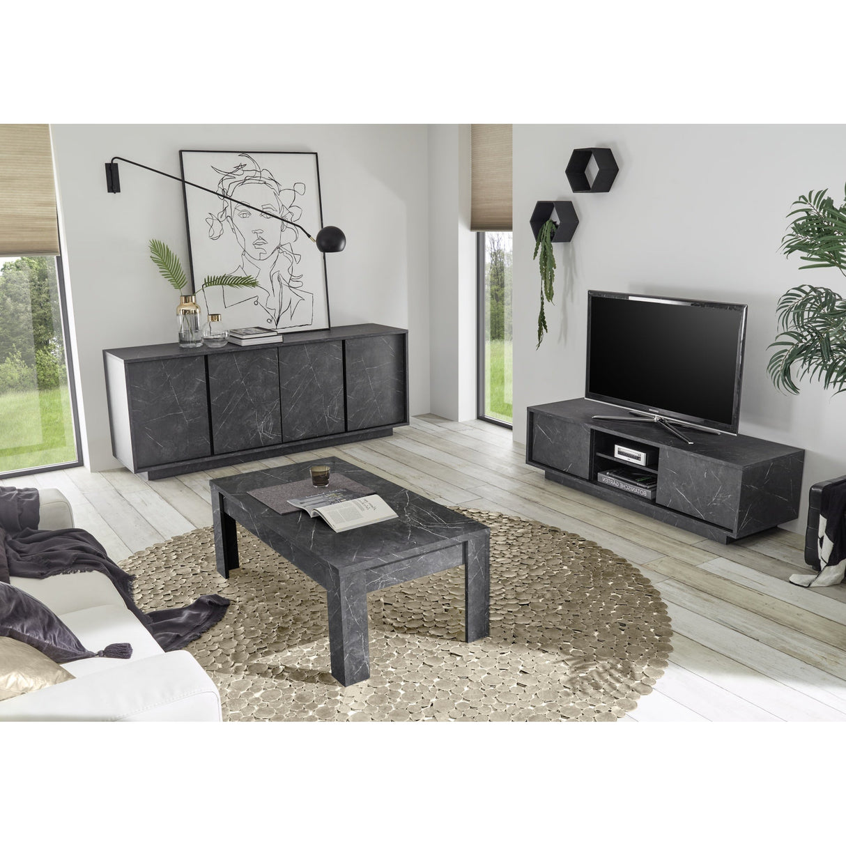 Glacia 4 Door Black Marble Effect Sideboard - FurniComp