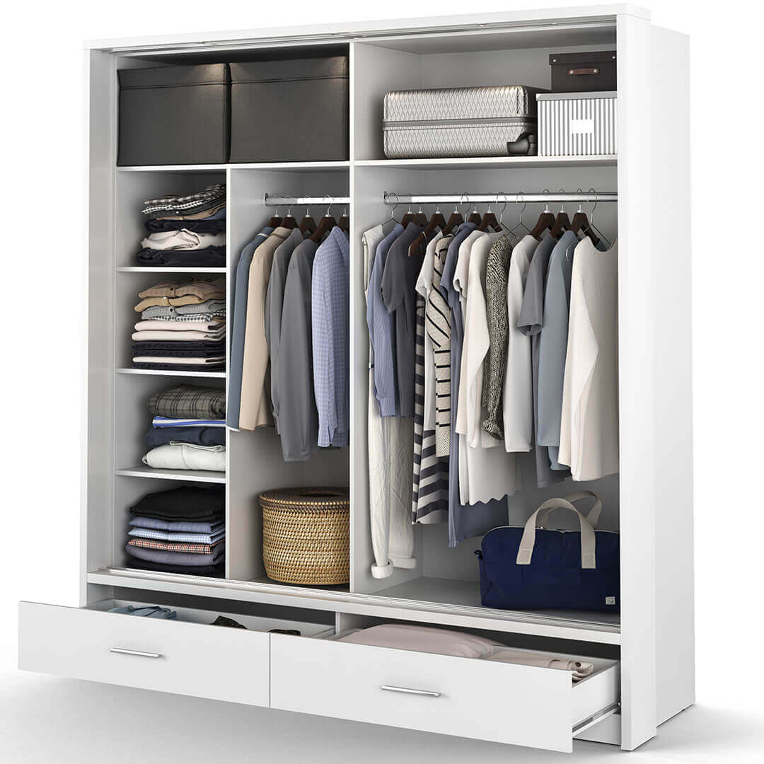 Klassy 2 Door 2 Drawer White Mirrored 200cm Sliding Door Wardrobe KL-05 - FurniComp