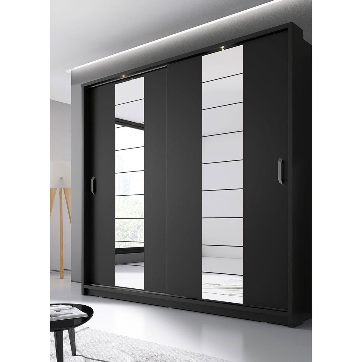 Klassy 2 Door Black 220cm Mirrored Sliding Door Wardrobe KL-14 - FurniComp
