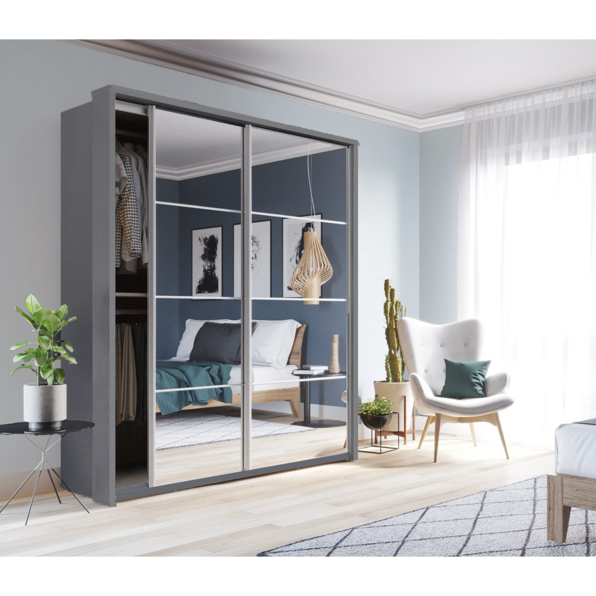 Klassy 2 Door Grey Mirrored Sliding Door Wardrobe KL-17 - FurniComp