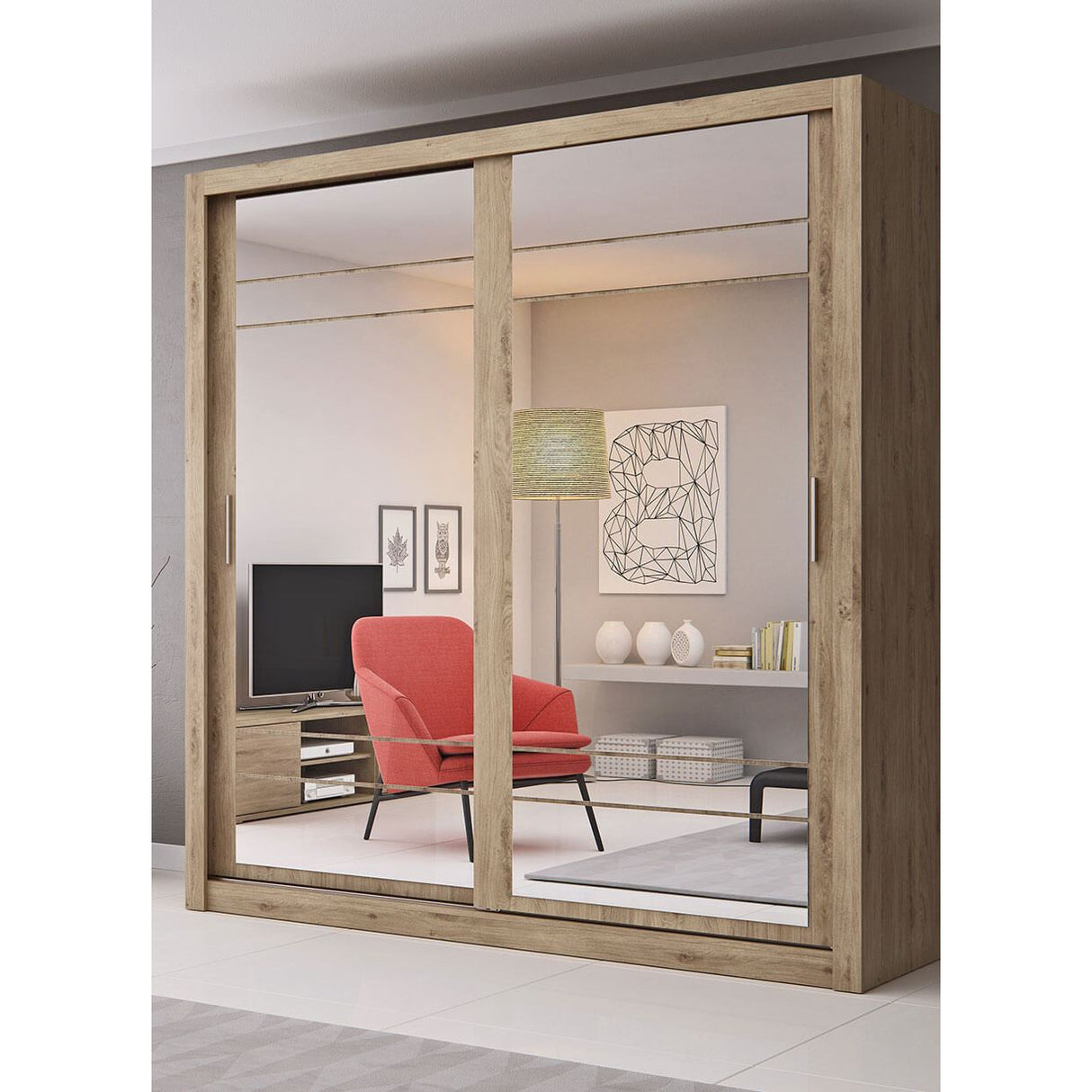 Klassy 2 Door Oak Mirrored 200cm Sliding Door Wardrobe KL-08 - FurniComp