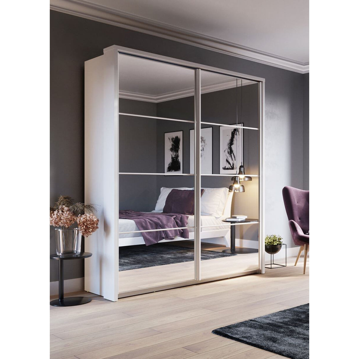 Klassy 2 Door White Matt Mirrored Sliding Door Wardrobe KL-17 - FurniComp