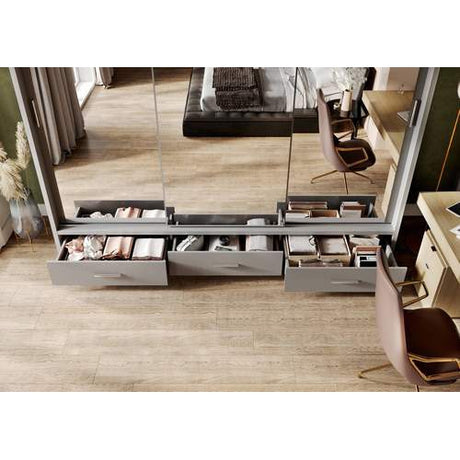 Klassy 3 Door 3 Drawer 250cm Grey Mirrored Sliding Door Wardrobe KL-23 - FurniComp