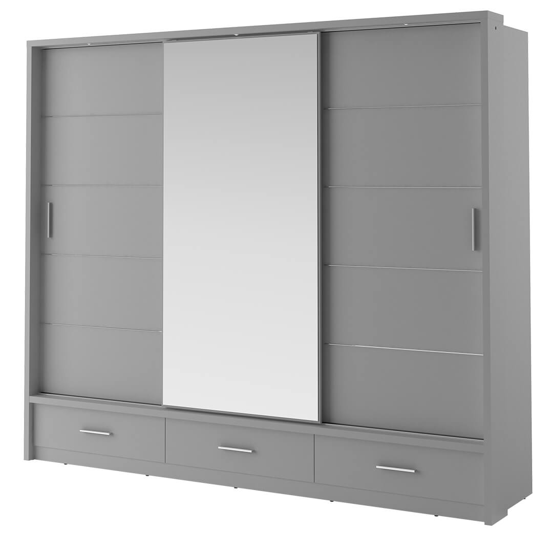 Klassy 3 Door 3 Drawer Grey Mirrored Sliding Door Wardrobe KL-01 - FurniComp