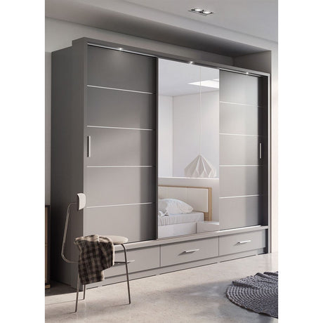 Klassy 3 Door 3 Drawer Grey Mirrored Sliding Door Wardrobe KL-01 - FurniComp
