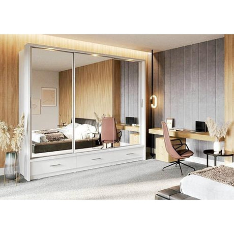 Klassy 3 Door 3 Drawer 250cm White Mirrored Sliding Door Wardrobe KL-23 - FurniComp