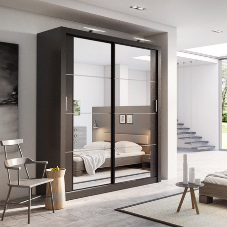 Klassy 2 Door 181cm Black Mirrored Sliding Door Wardrobe KL-03 - FurniComp