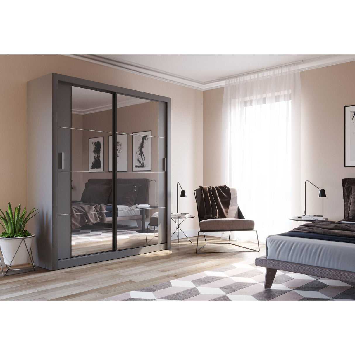 Klassy 2 Door 181cm Grey Mirrored Sliding Door Wardrobe KL-03 - FurniComp