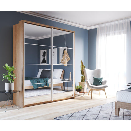 Klassy 2 Door Shetland Oak Mirrored Sliding Door Wardrobe KL-17 - FurniComp
