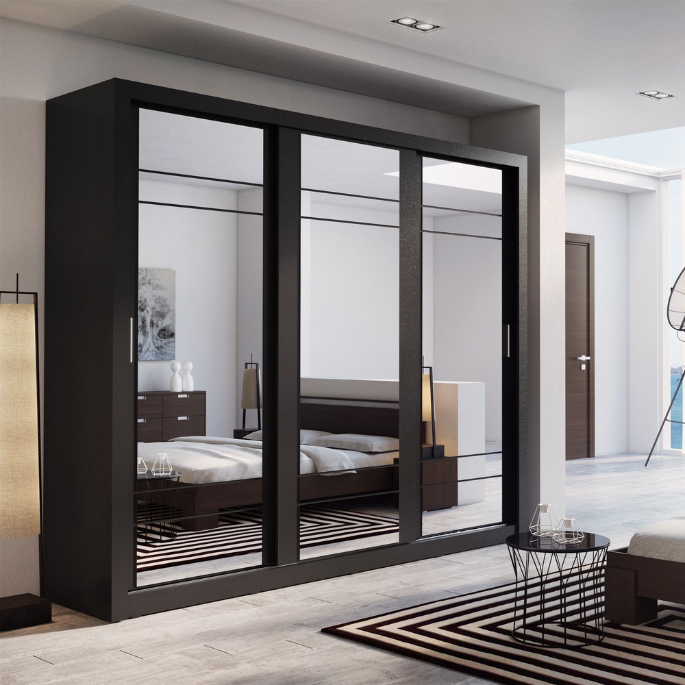 Klassy 3 Door 250cm Black Matt Mirrored Sliding Door Wardrobe KL-02 - FurniComp