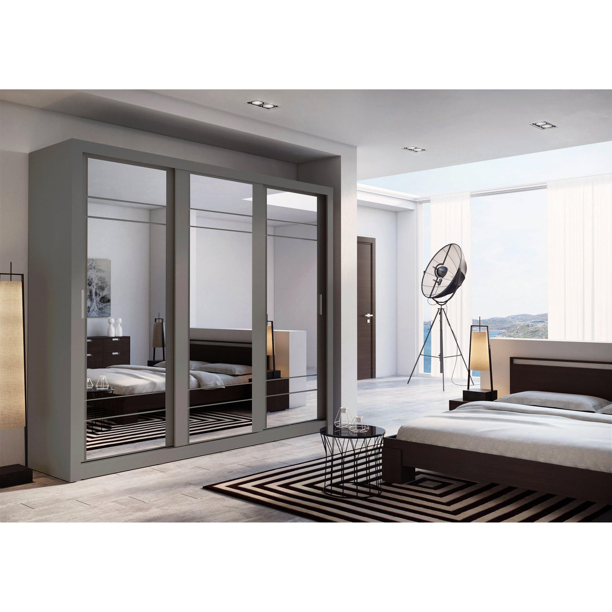 Klassy 3 Door 250cm Grey Mirrored Sliding Door Wardrobe KL-02 - FurniComp