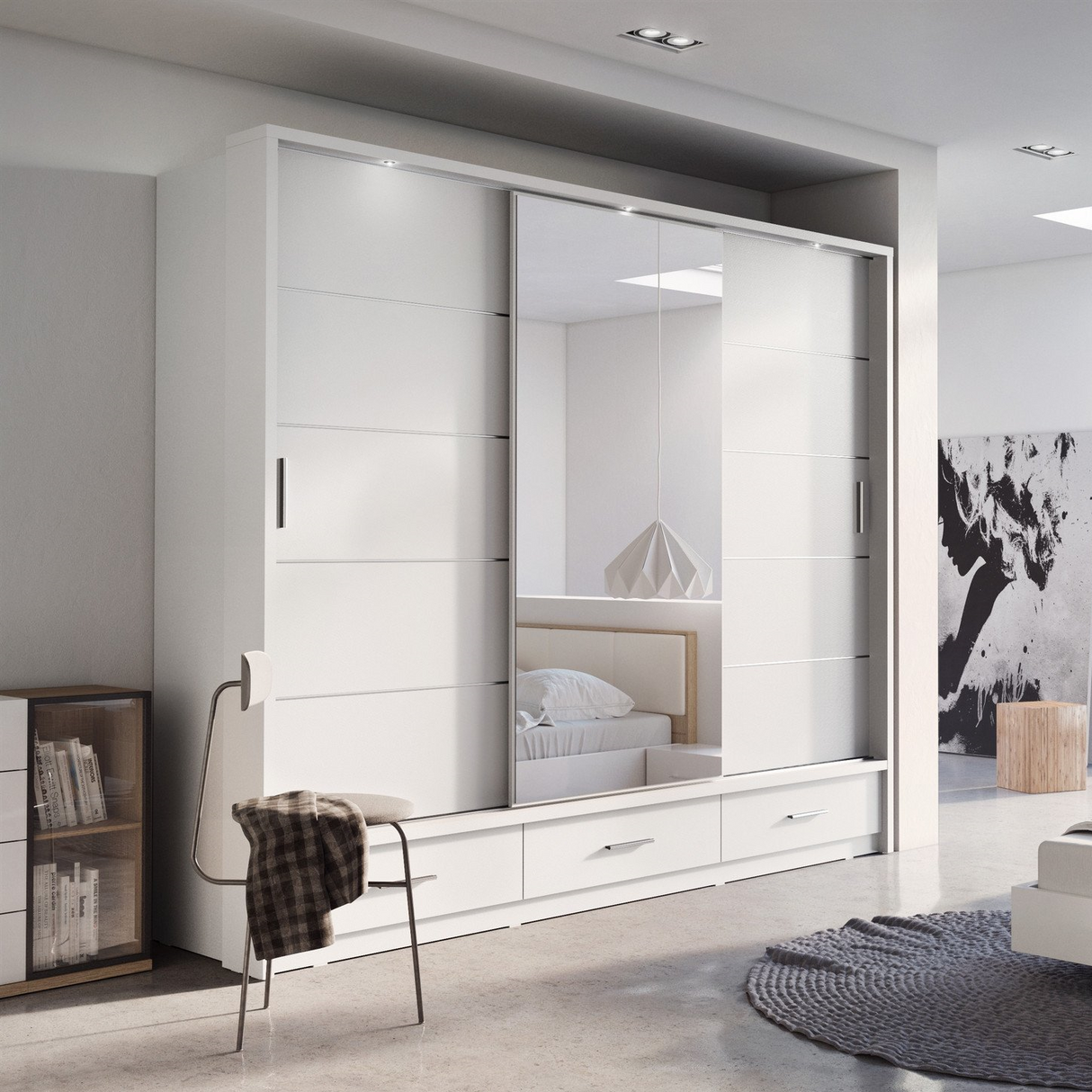 Klassy 3 Door 3 Drawer White Mirrored Sliding Door Wardrobe KL-01 - FurniComp