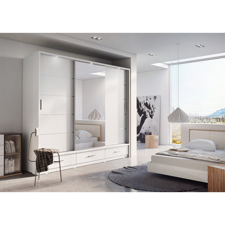 Klassy 3 Door 3 Drawer White Mirrored Sliding Door Wardrobe KL-01 - FurniComp