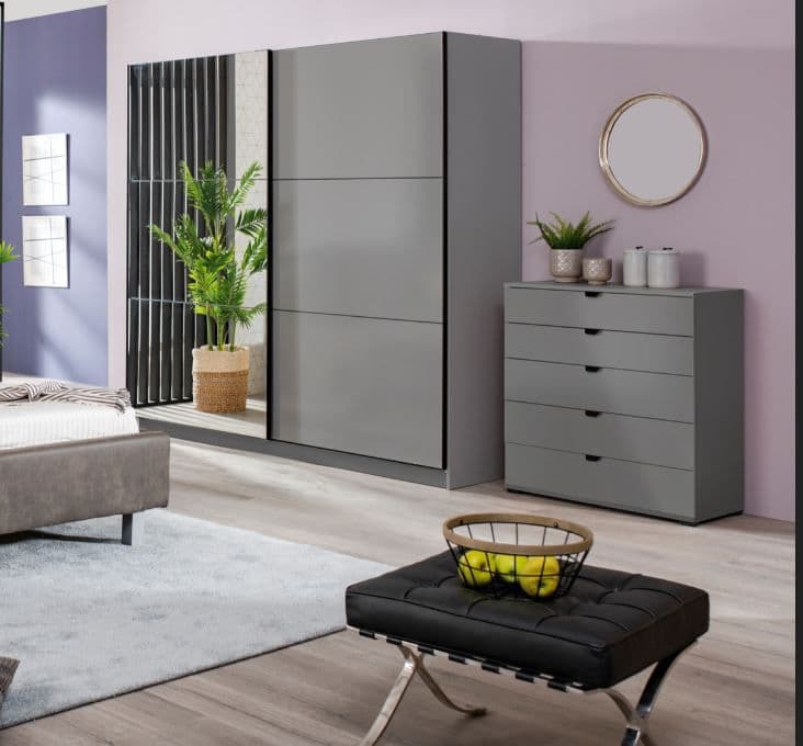Lavina 2 Door Large Grey 220cm Mirrored Sliding Door Wardrobe - FurniComp