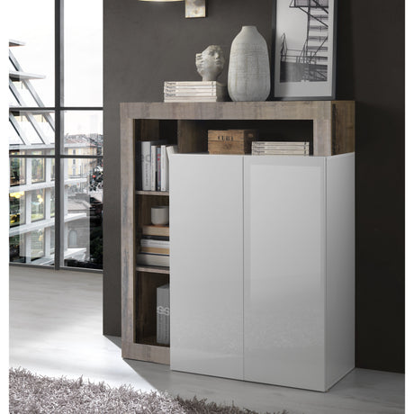 Lorenzo 2 Door White Gloss and Natural Oak Tall Sideboard/Highboard - FurniComp