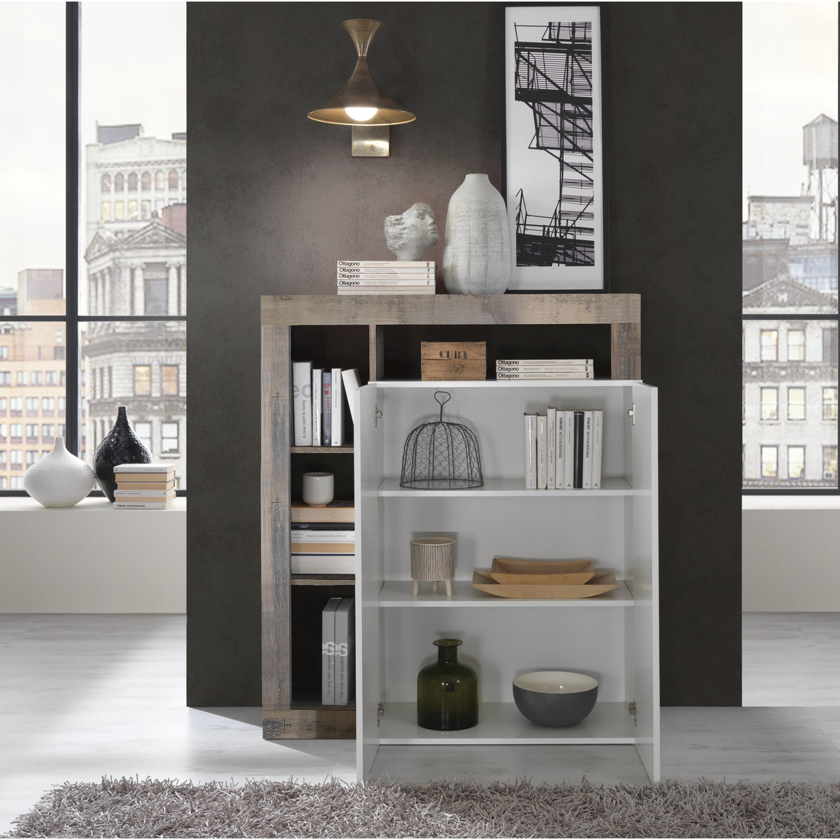 Lorenzo 2 Door White Gloss and Natural Oak Tall Sideboard/Highboard - FurniComp