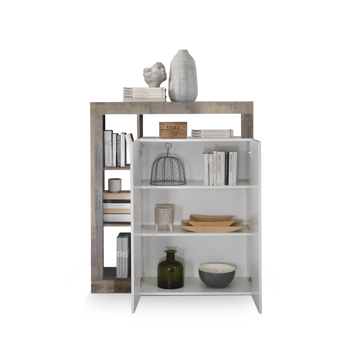 Lorenzo 2 Door White Gloss and Natural Oak Tall Sideboard/Highboard - FurniComp