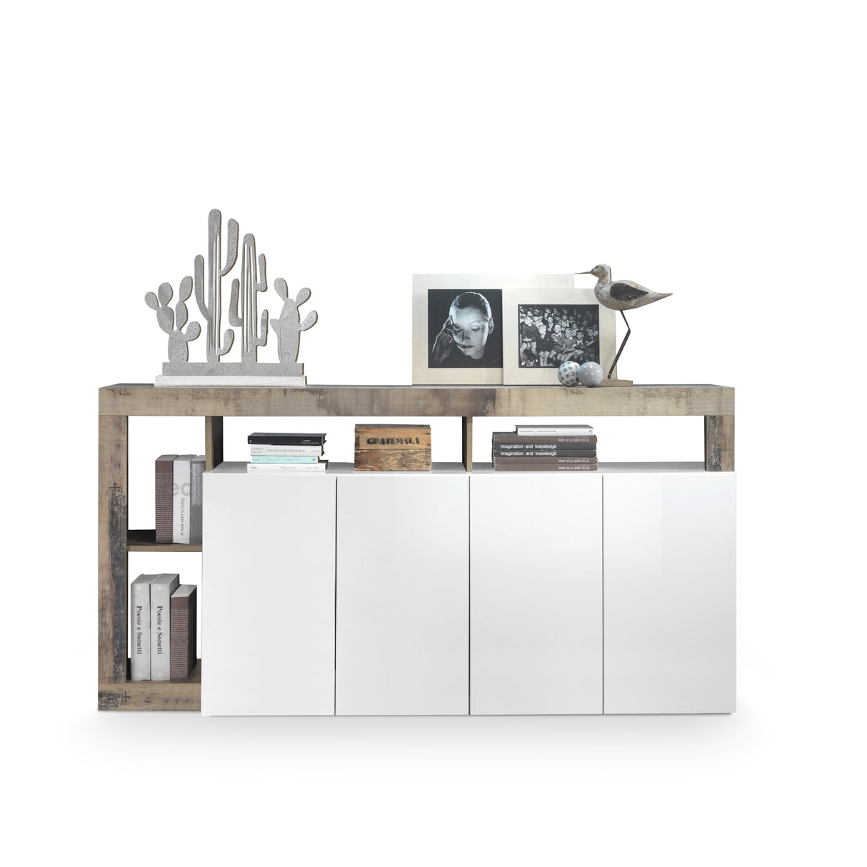 Lorenzo 4 Door White Gloss and Natural Oak Sideboard - FurniComp