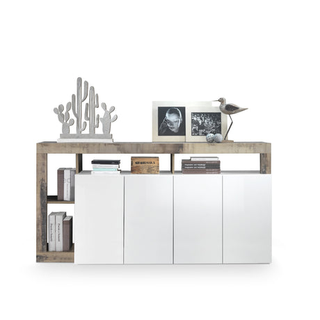 Lorenzo 4 Door White Gloss and Natural Oak Sideboard - FurniComp