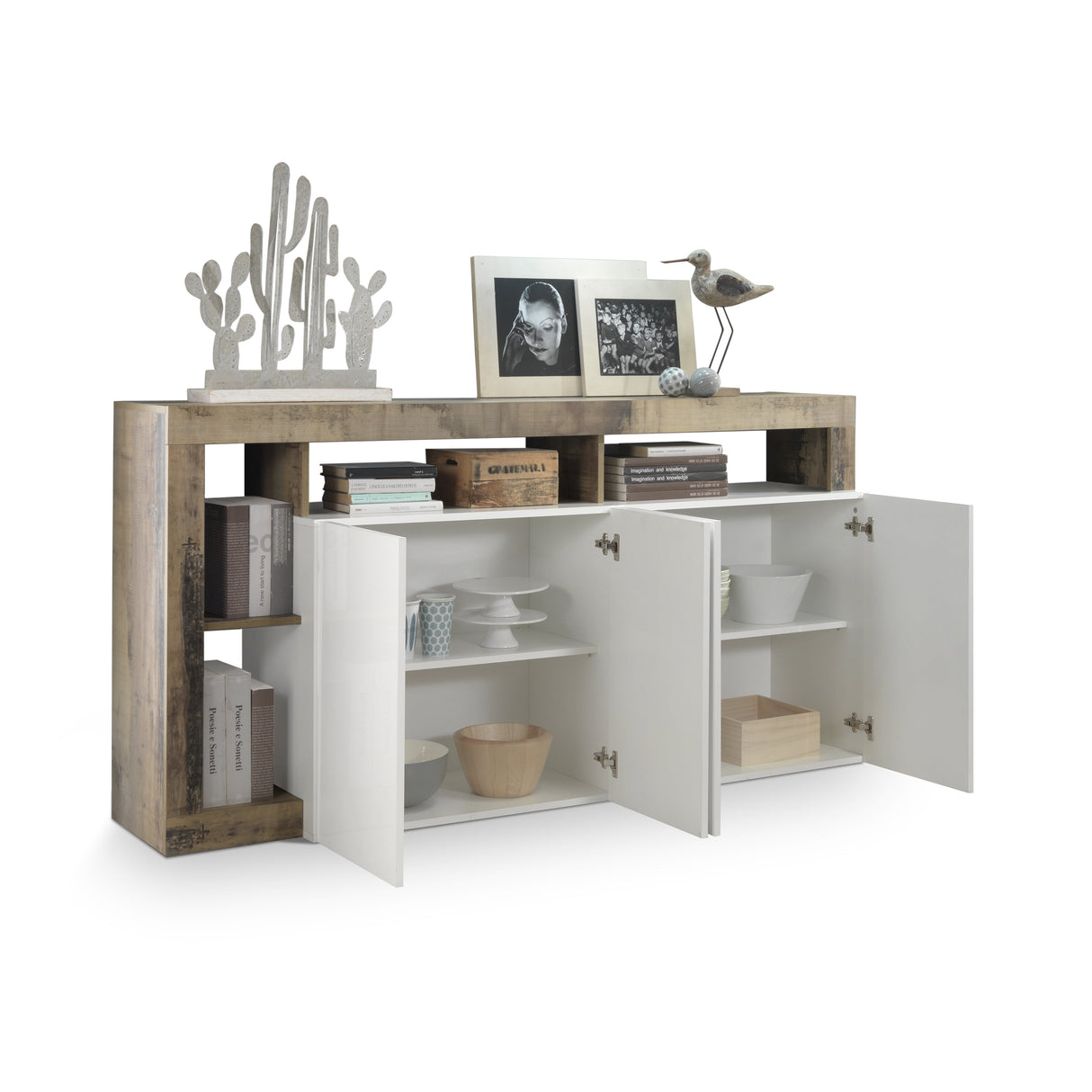Lorenzo 4 Door White Gloss and Natural Oak Sideboard - FurniComp