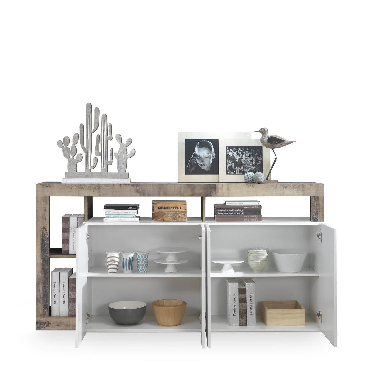 Lorenzo 4 Door White Gloss and Natural Oak Sideboard - FurniComp