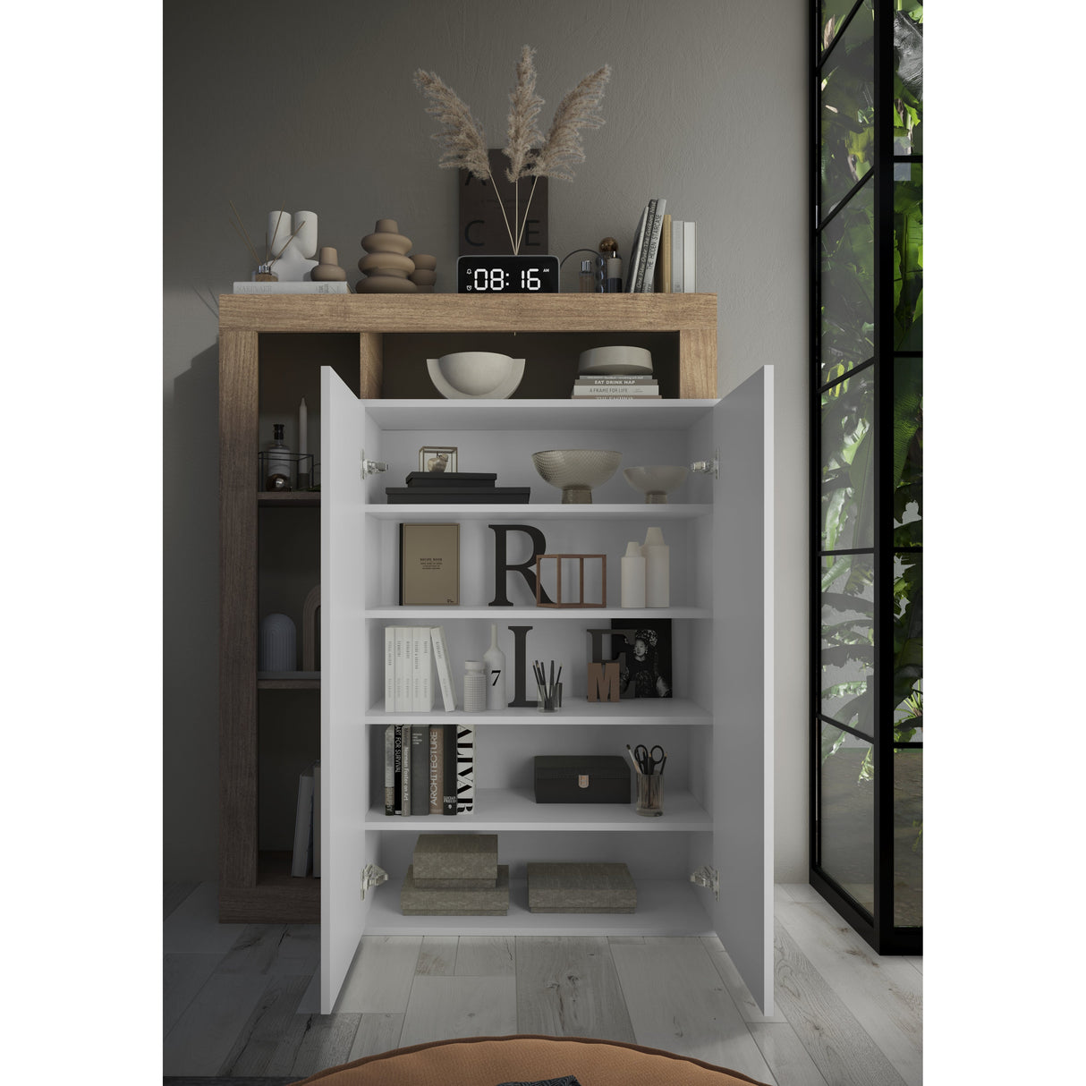 Lorenzo Natural Oak & High White Gloss Shoe Storage Cabinet - FurniComp