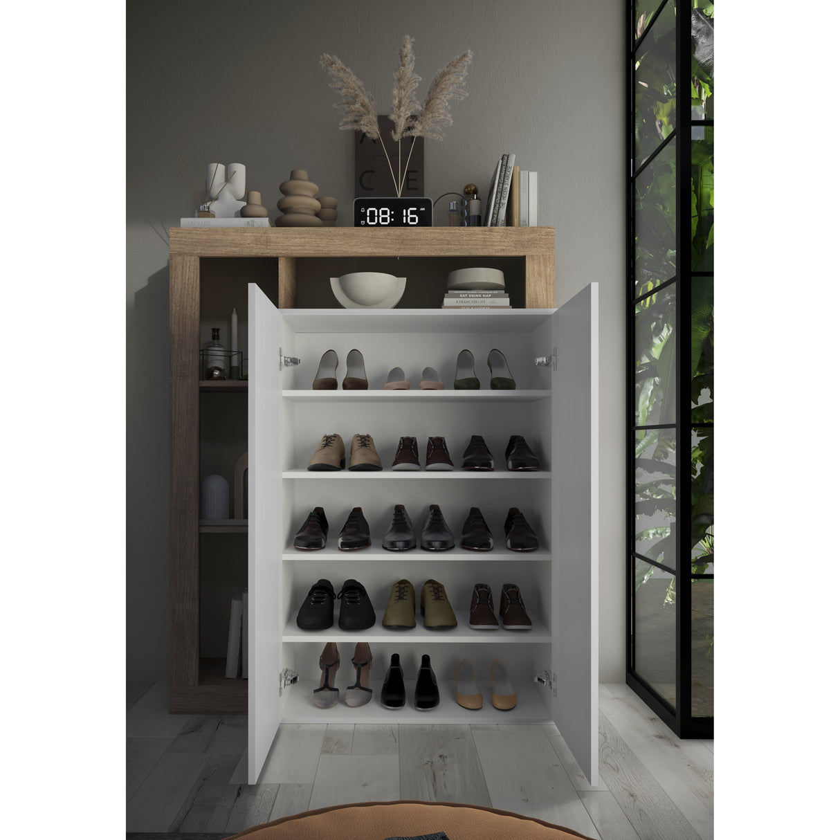Lorenzo Natural Oak & High White Gloss Shoe Storage Cabinet - FurniComp