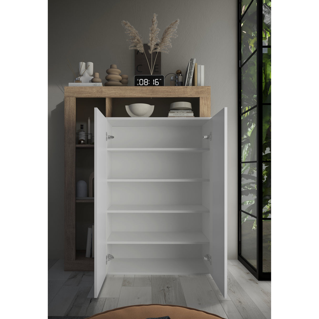 Lorenzo Natural Oak & High White Gloss Shoe Storage Cabinet - FurniComp