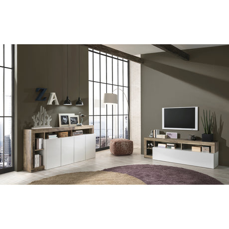 Lorenzo 4 Door White Gloss and Natural Oak Sideboard - FurniComp