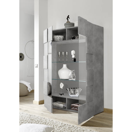 Lyon 2 Door Concrete Grey Glass Display Cabinet - FurniComp