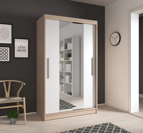 Nora 2 Door Oak & White Mirrored 120cm Sliding Door Wardrobe NO-01 - FurniComp