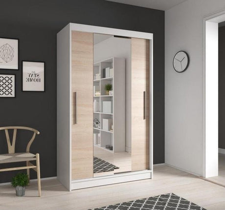 Nora 2 Door White & Oak Mirrored 120cm Sliding Door Wardrobe NO-01 - FurniComp