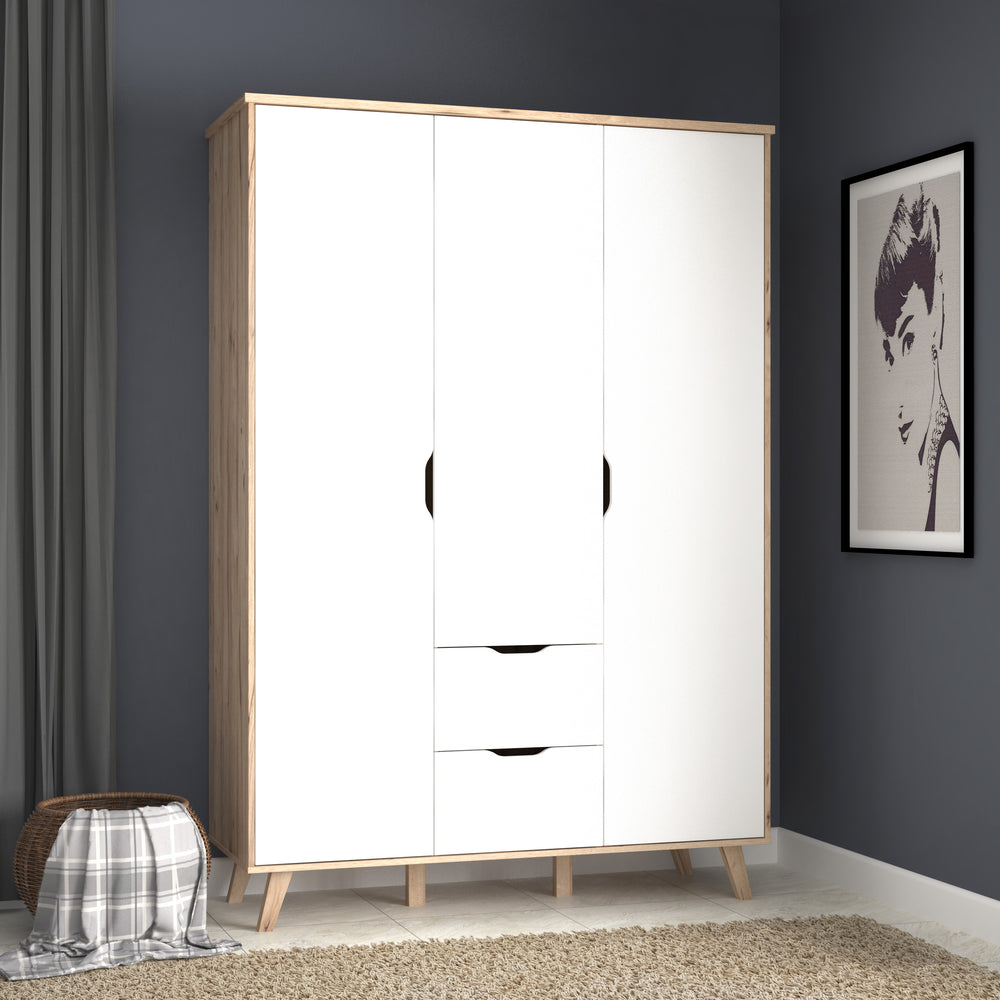 Oskar 3 Door 2 Drawer 140cm Wardrobe - Matt White & Oak - FurniComp