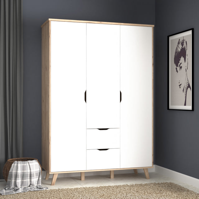 Oskar 3 Door 2 Drawer 140cm Wardrobe - Matt White & Oak - FurniComp