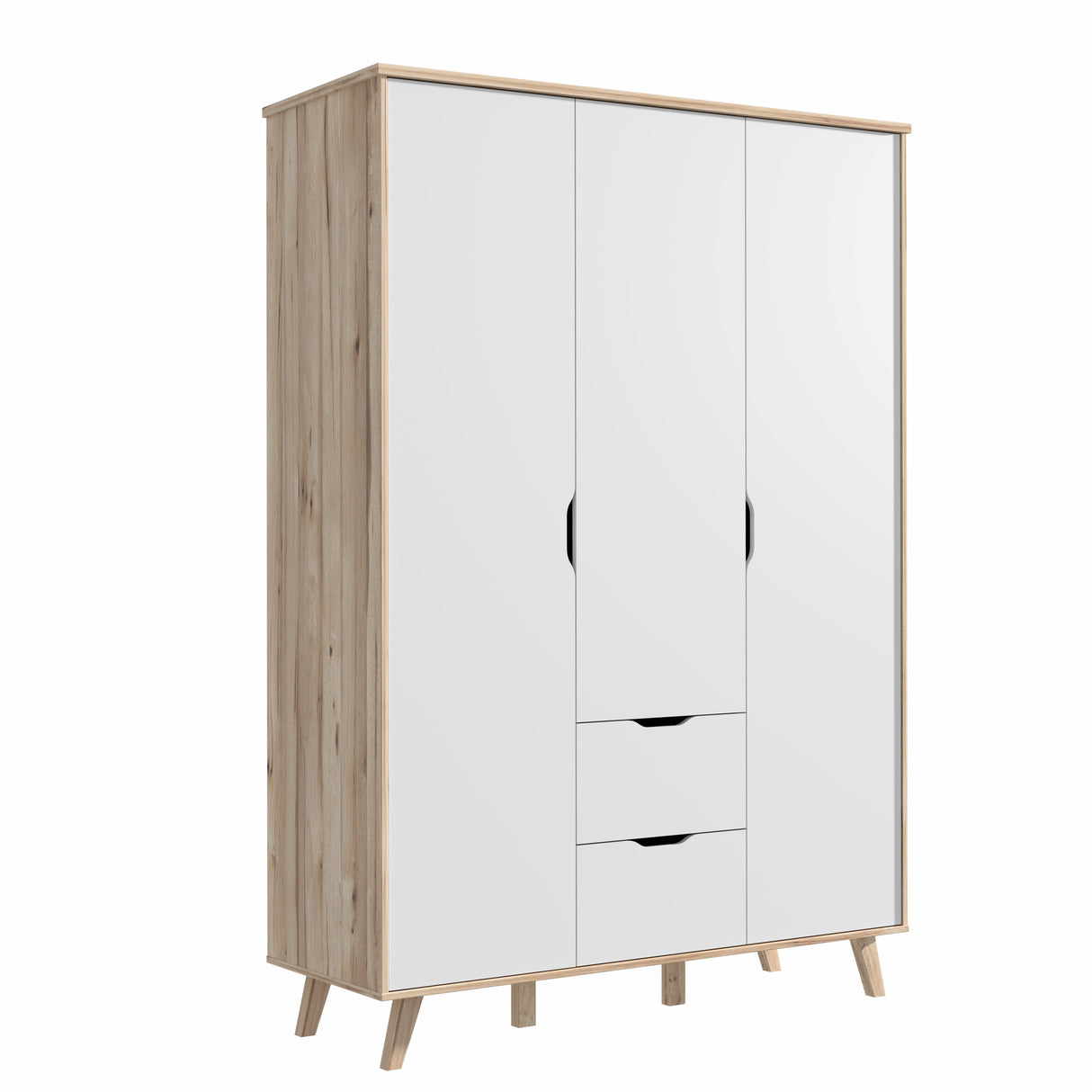 Oskar 3 Door 2 Drawer 140cm Wardrobe - Matt White & Oak - FurniComp