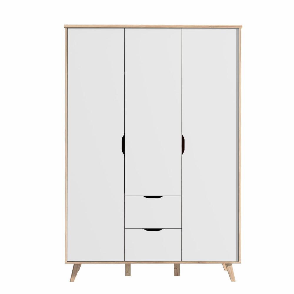 Oskar 3 Door 2 Drawer 140cm Wardrobe - Matt White & Oak - FurniComp
