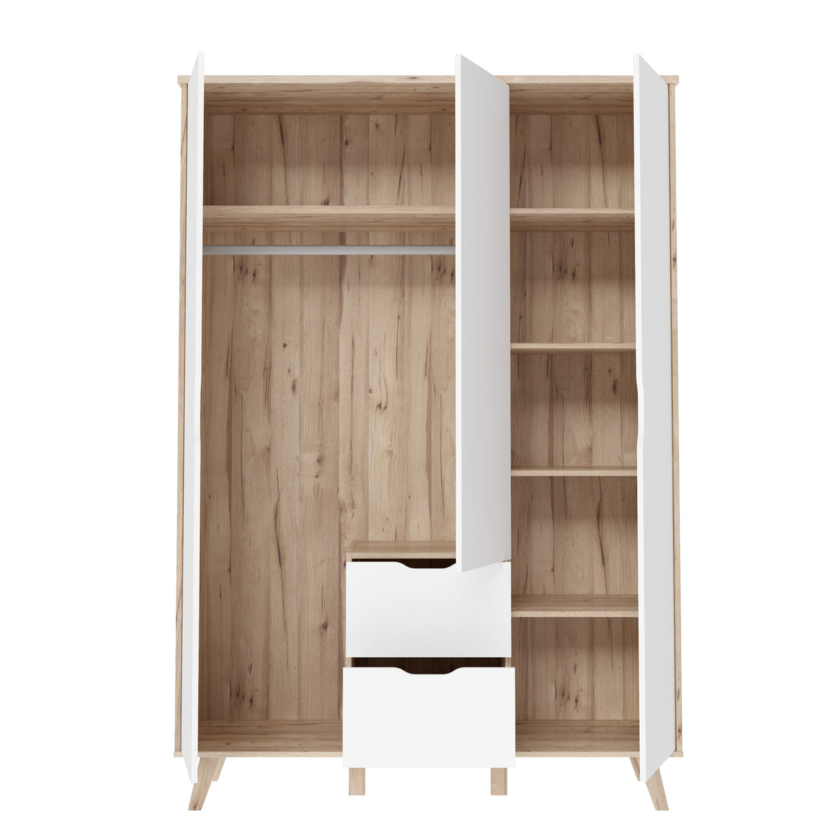 Oskar 3 Door 2 Drawer 140cm Wardrobe - Matt White & Oak - FurniComp