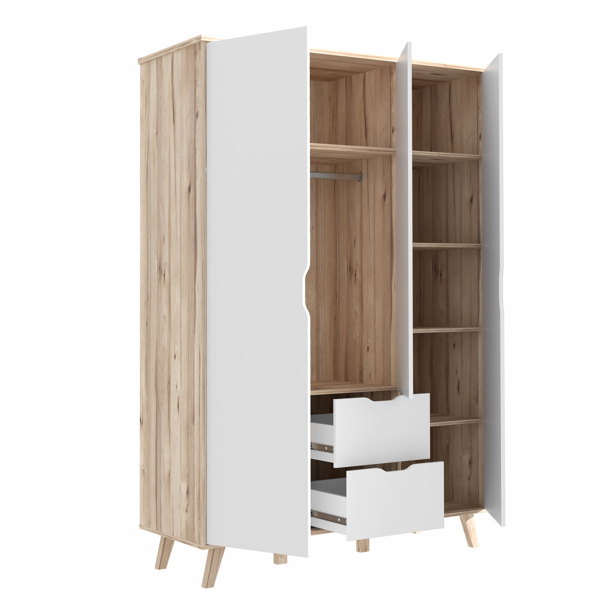 Oskar 3 Door 2 Drawer 140cm Wardrobe - Matt White & Oak - FurniComp