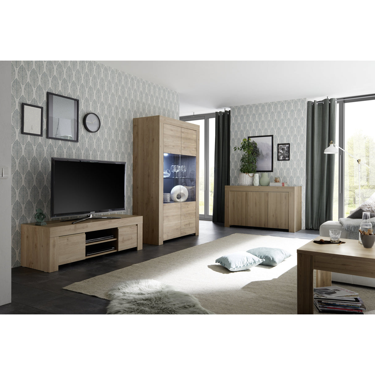 Roma 4 Door Oak Effect Tall Sideboard/Highboard - FurniComp