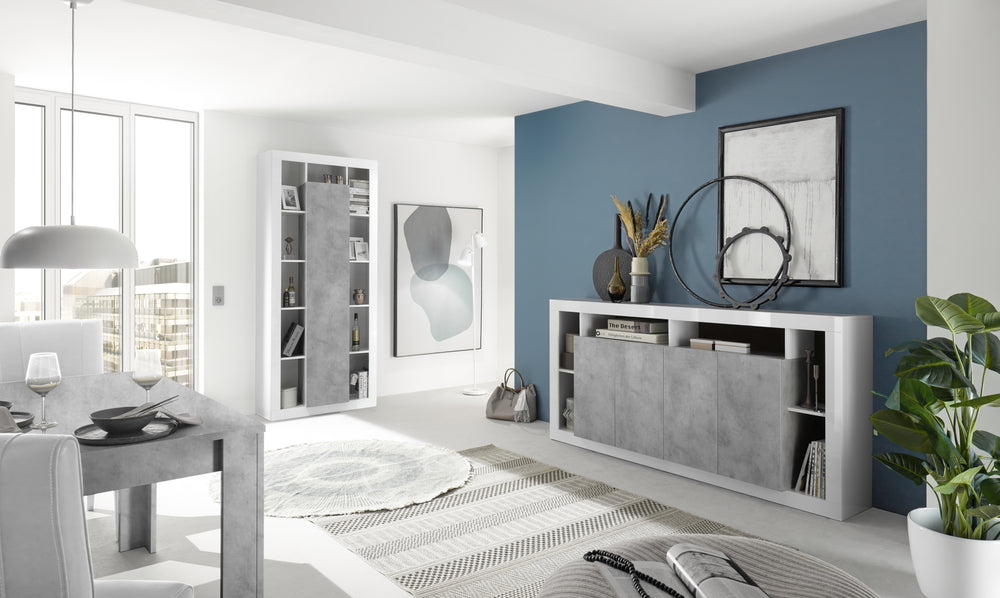 Viola 3 Door 172cm White Gloss and Concrete Grey Sideboard - FurniComp