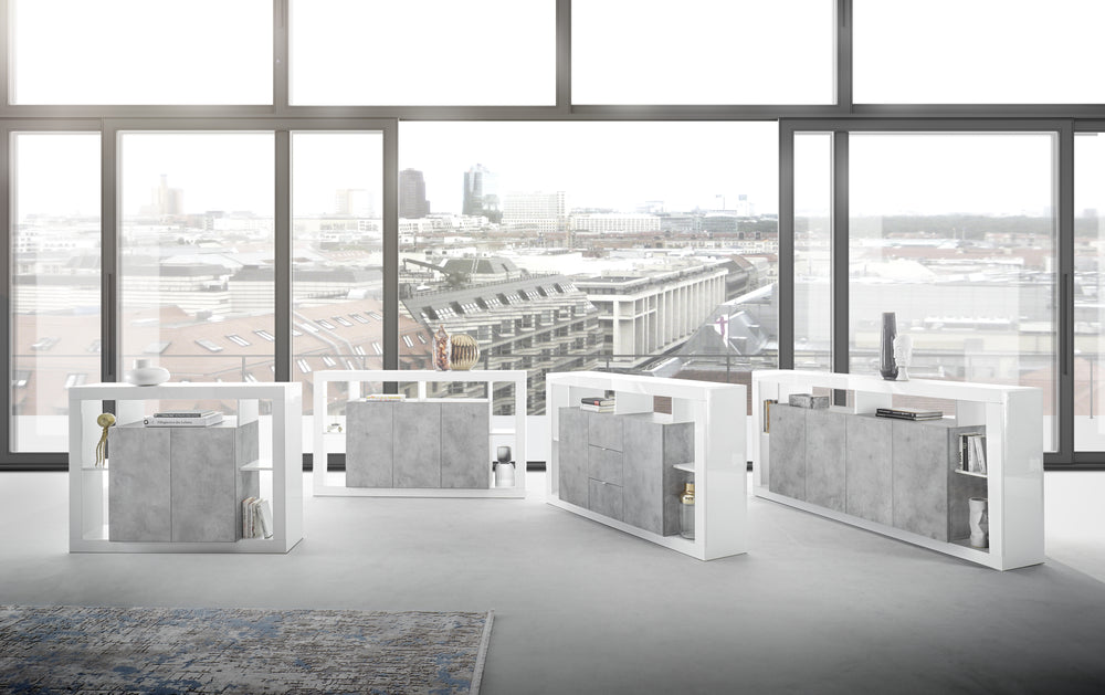 Viola 3 Door 172cm White Gloss and Concrete Grey Sideboard - FurniComp