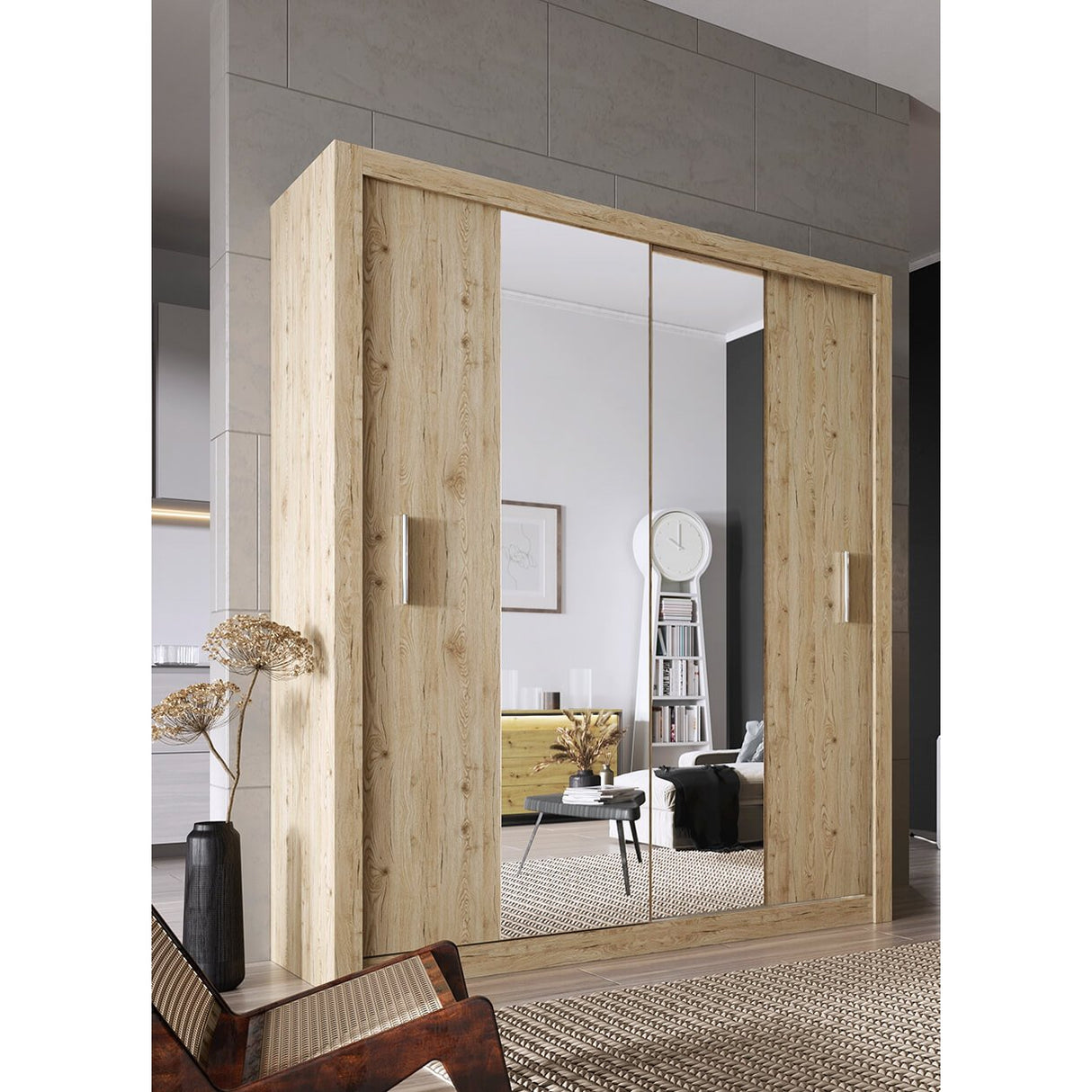 Austin 2 Door Oak 180cm Mirrored Sliding Door Wardrobe AU-03 - FurniComp