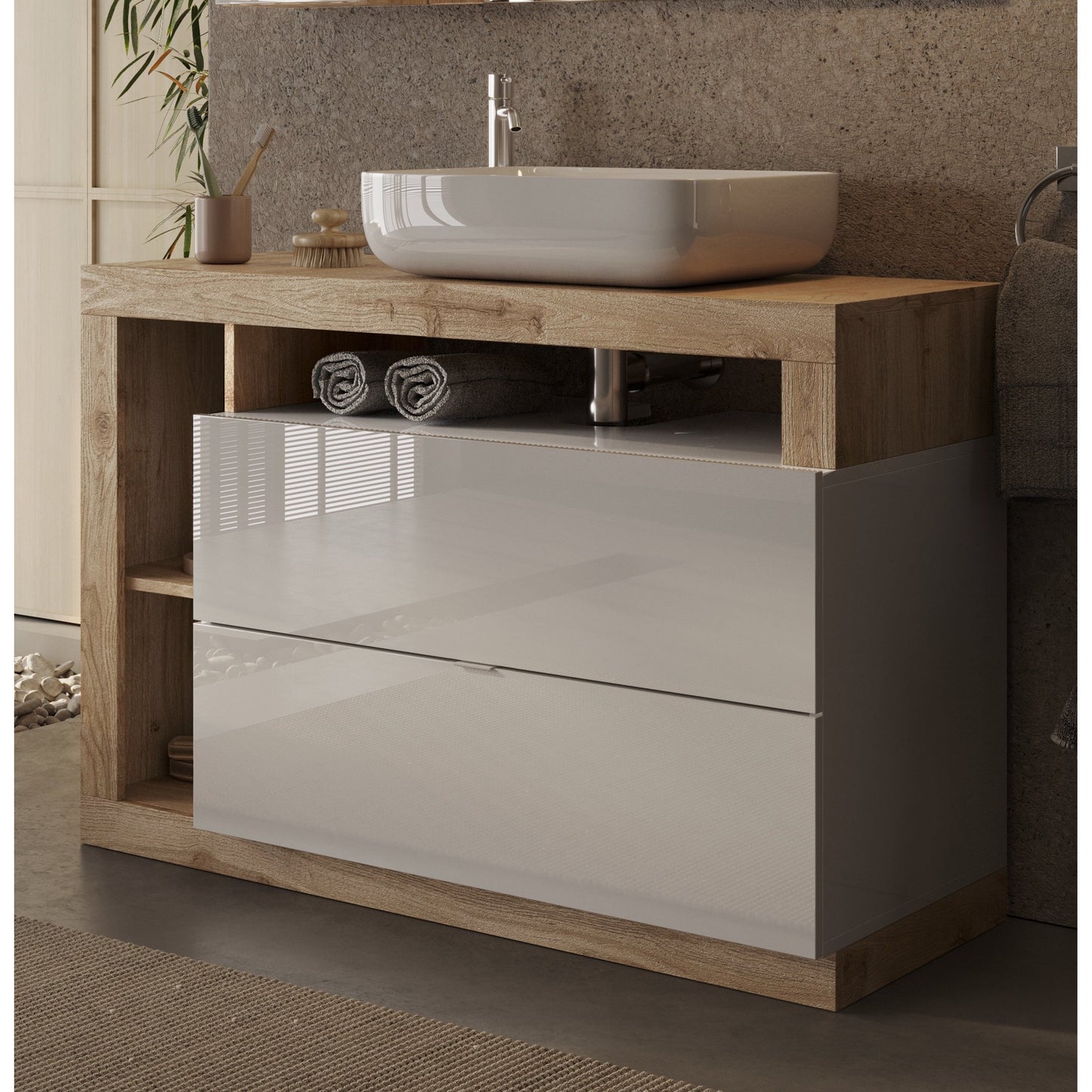 Lorenzo White Gloss & Cadiz Oak 2 Drawer 1100mm Free Standing Vanity Unit with Basin - FurniComp