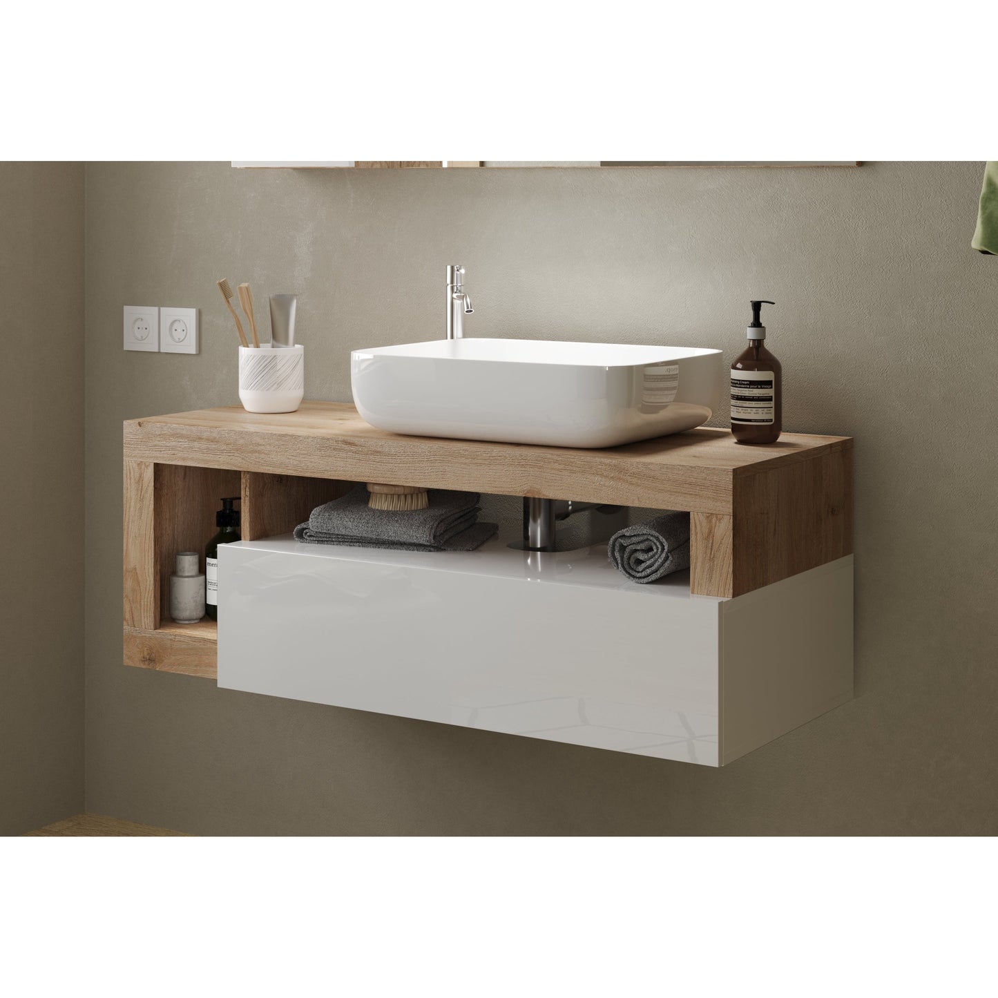 Lorenzo White Gloss & Cadiz Oak 1 Drawer 1100mm Wall Hung Vanity Unit with Basin - FurniComp