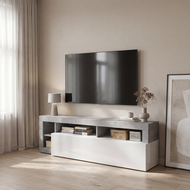 Lorenzo 184cm White Gloss and Concrete Grey TV Stand - FurniComp
